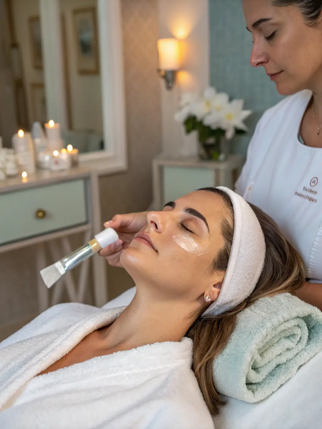 Close-up shot of a serene woman receiving an organic facial at Williamsburg Beauty Spa, with soft lighting and natural elements in the background.