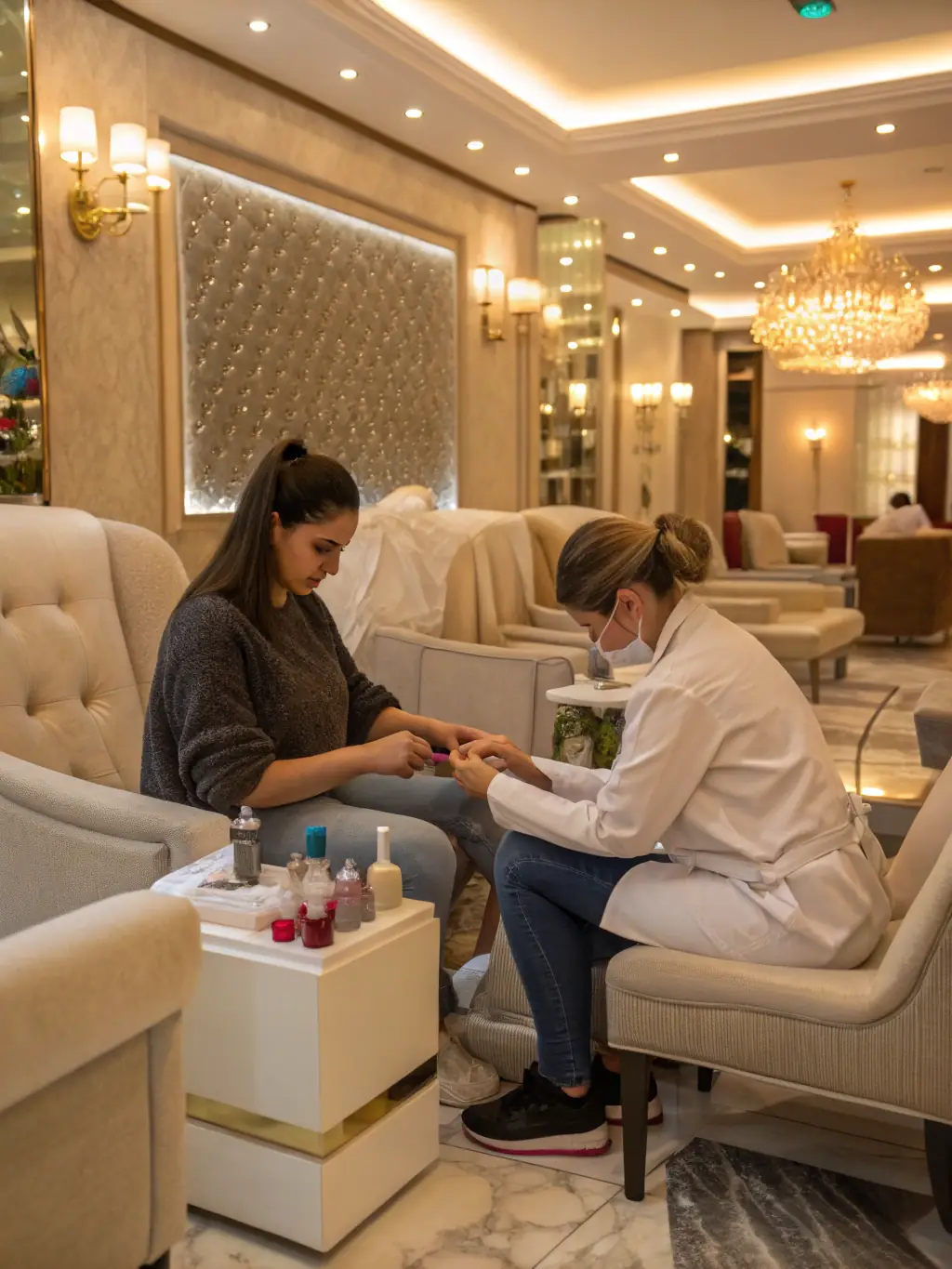 A manicurist carefully shaping and polishing a client's nails during a manicure session at Williamsburg Beauty Spa, using organic nail products.